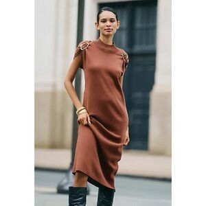 NWT Anthropologie Short-Sleeve Hardware Sweater Midi Dress Brown Small Petite
